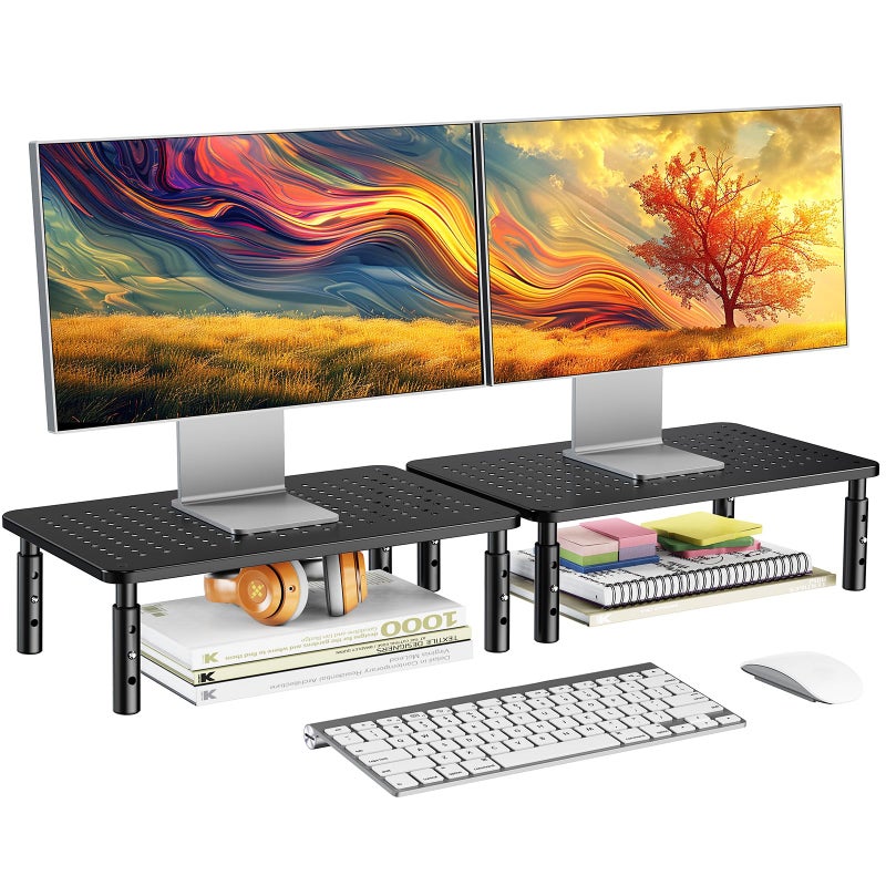 HUANUO Monitor Stand for Desk, Computer Monitor Stand Height Adjustable, Monitor Riser for 2 Monitors, Laptop Stand for Desk, 2 Pack, Black - Image 1